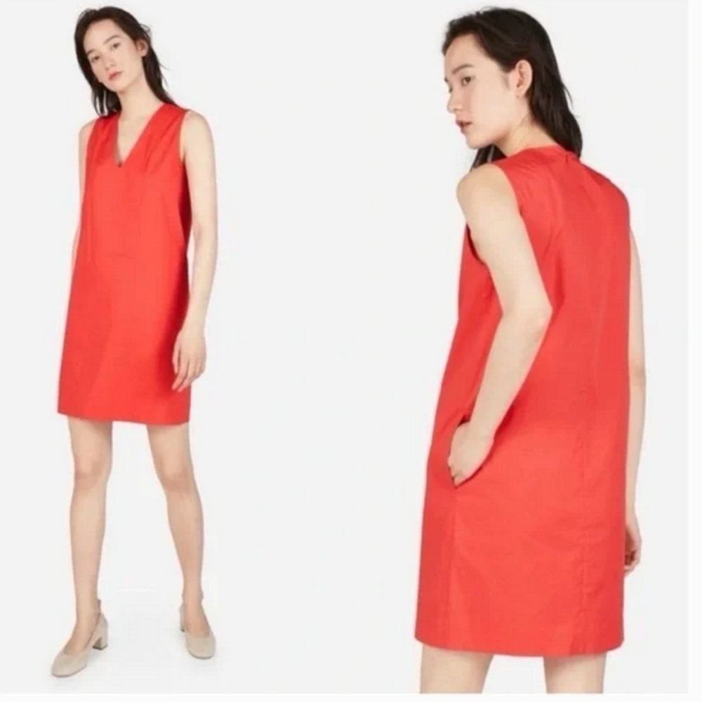 Everlane Orange Red Sheath V Neck  Cotton Shift Dress  6